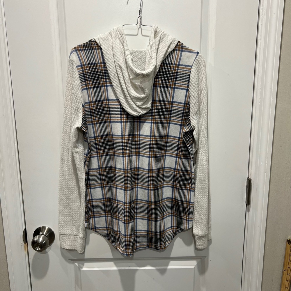 Daytrip Womens Plaid Hooded Button Up Waffle Knit Sleeve Shirt Blue Brown Size M - Picture 7 of 10